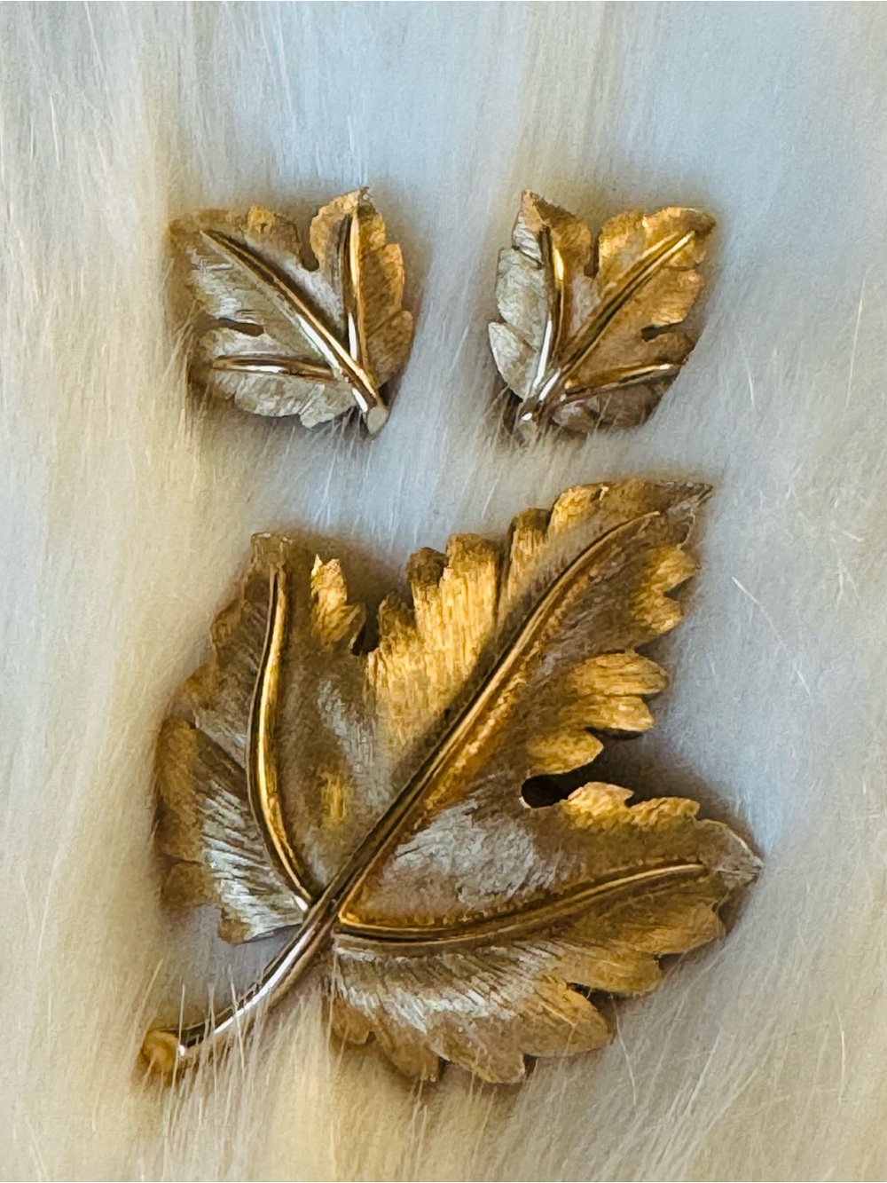 Vintage Crown Trifari  Gold Leaf Brooch and Earrings Set -